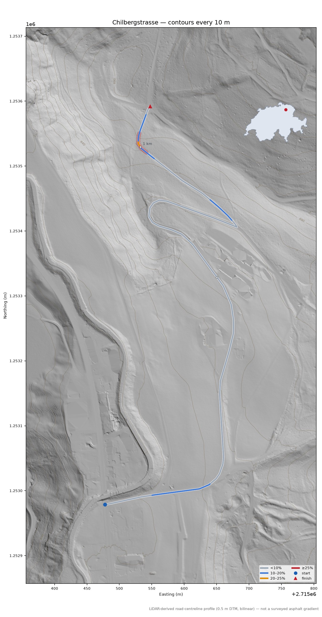 Chilbergstrasse LiDAR hillshade map with contours