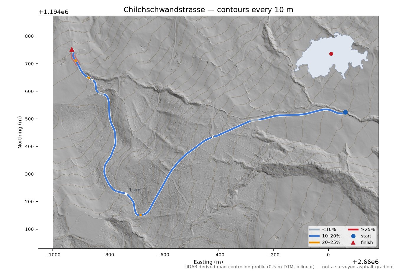 Chilchschwandstrasse LiDAR hillshade map with contours