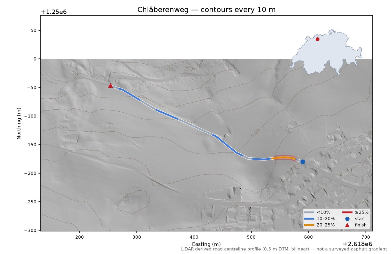 Chläberenweg LiDAR hillshade map with contours
