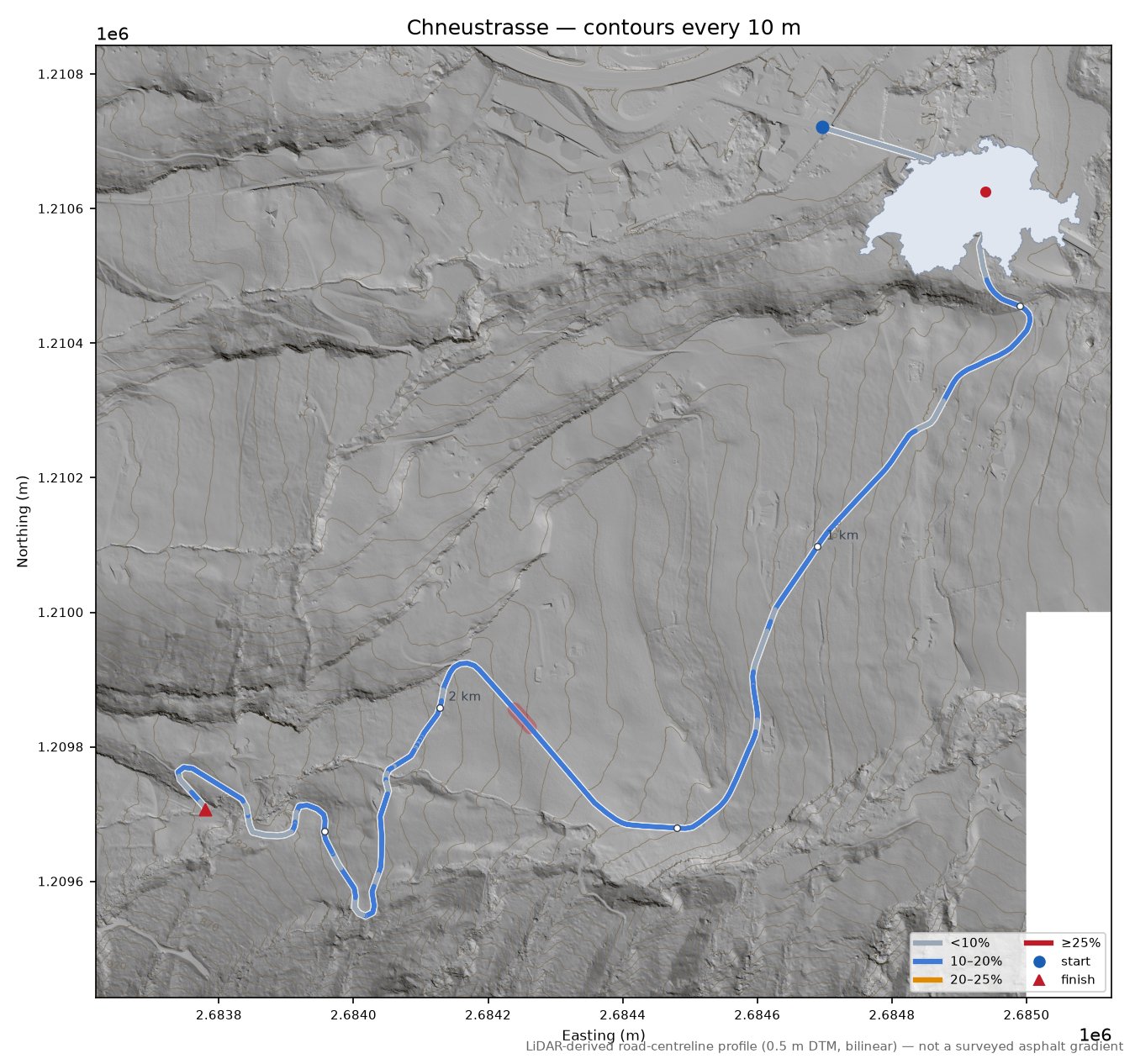 Chneustrasse LiDAR hillshade map with contours