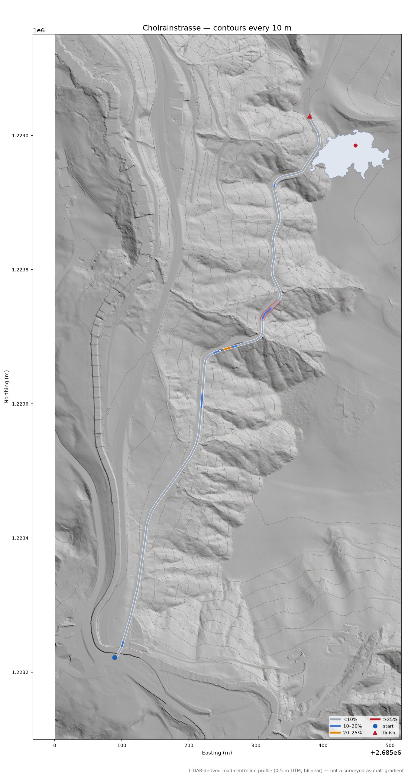 Cholrainstrasse LiDAR hillshade map with contours