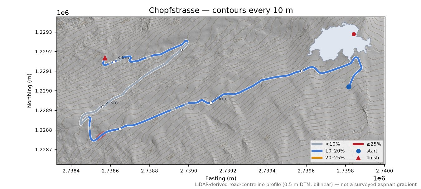 Chopfstrasse LiDAR hillshade map with contours