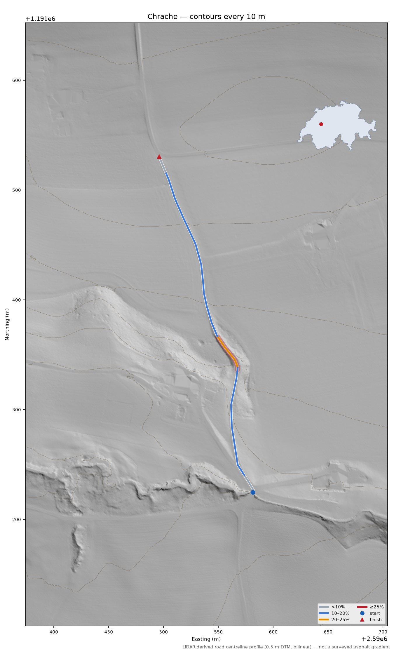 Chrache LiDAR hillshade map with contours