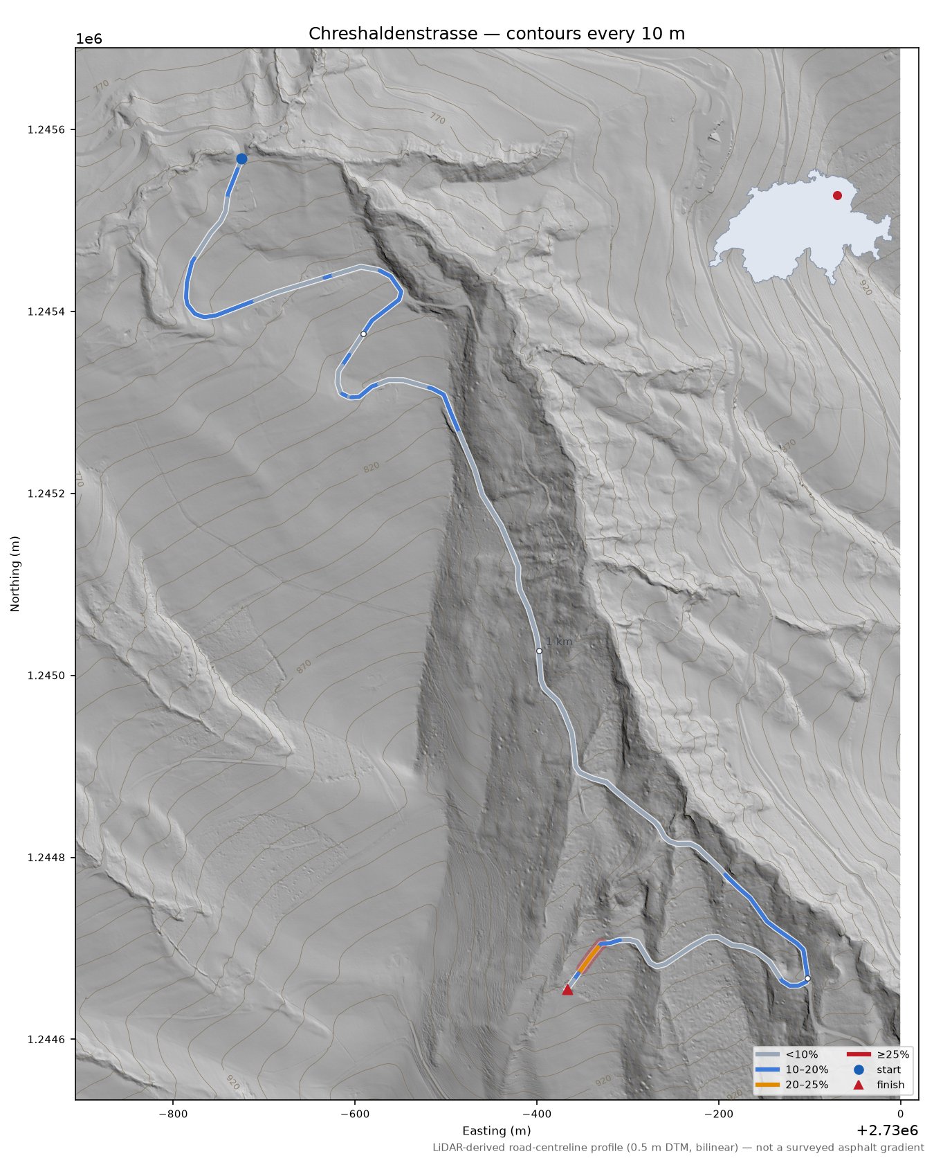 Chreshaldenstrasse LiDAR hillshade map with contours