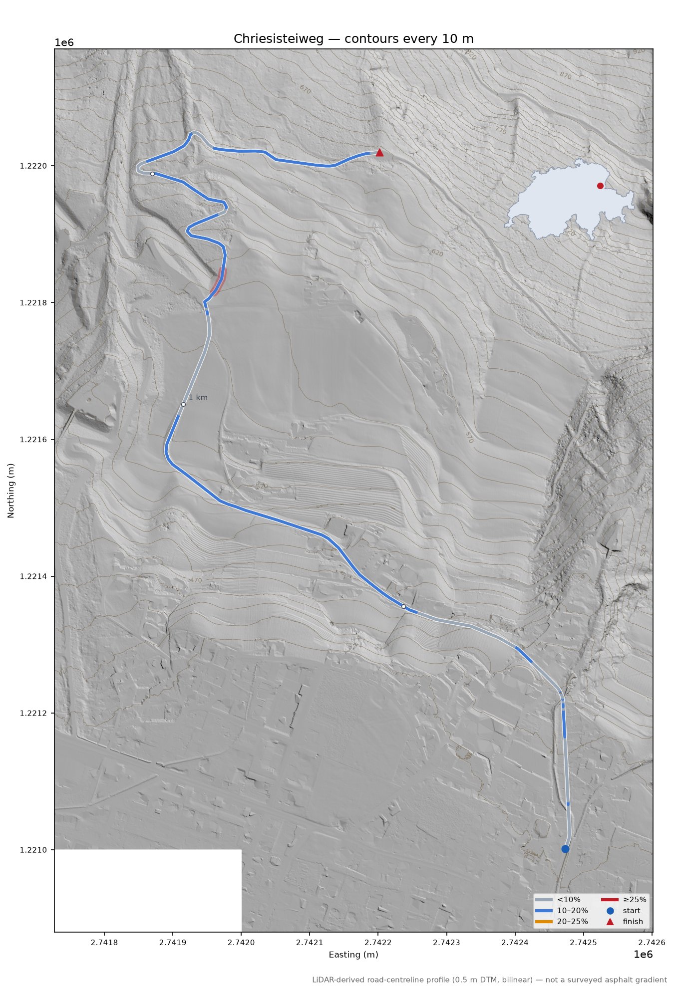 Chriesisteiweg LiDAR hillshade map with contours