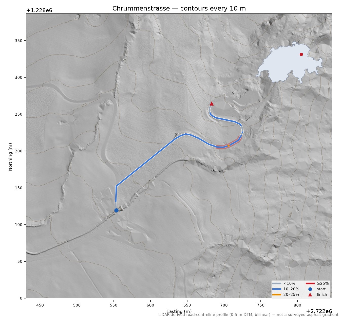 Chrummenstrasse LiDAR hillshade map with contours