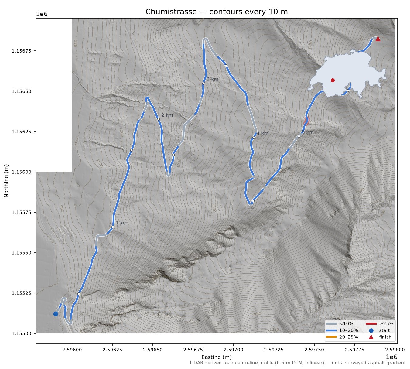 Chumistrasse LiDAR hillshade map with contours