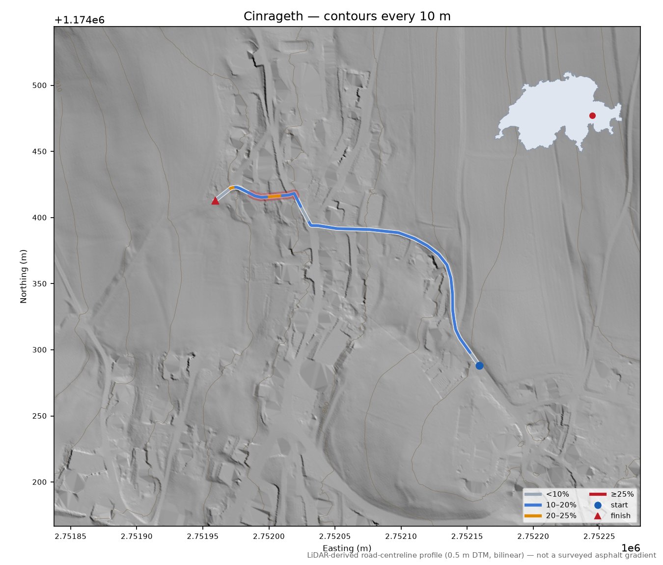 Cinrageth LiDAR hillshade map with contours