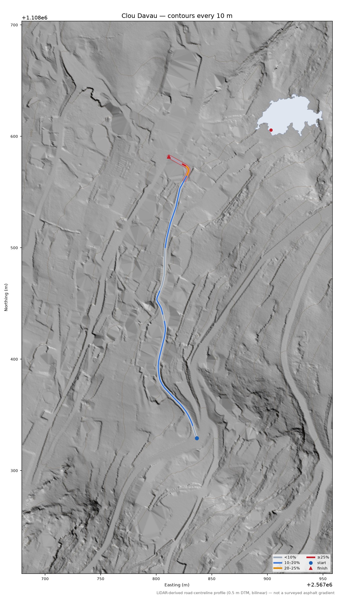 Clou Davau LiDAR hillshade map with contours