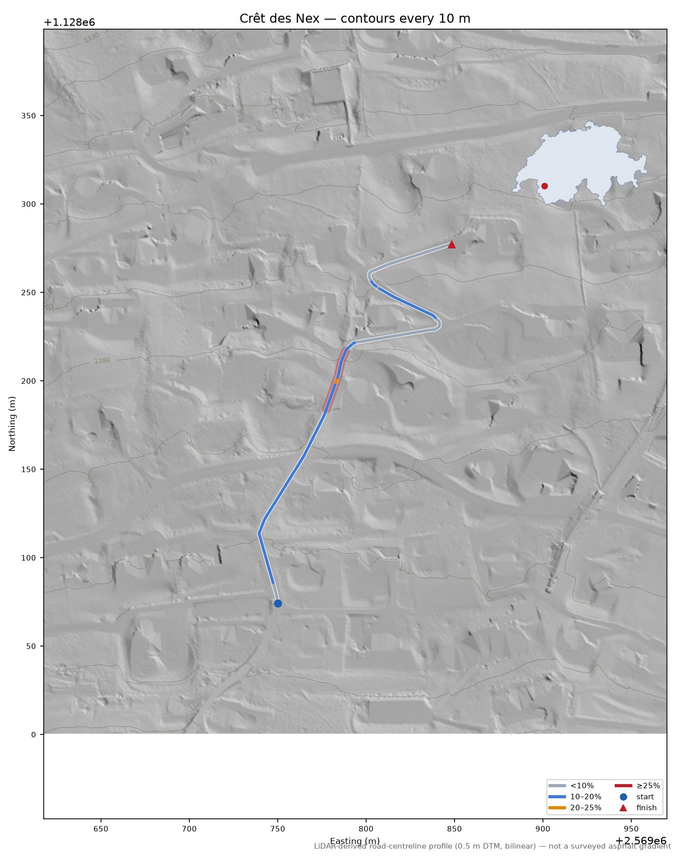 Crêt des Nex LiDAR hillshade map with contours