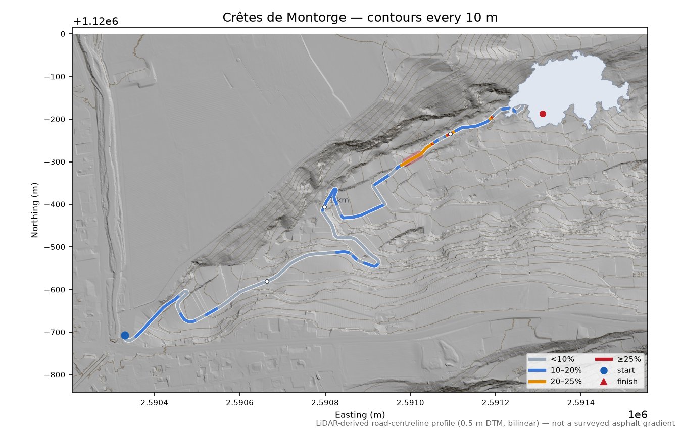 Crêtes de Montorge LiDAR hillshade map with contours