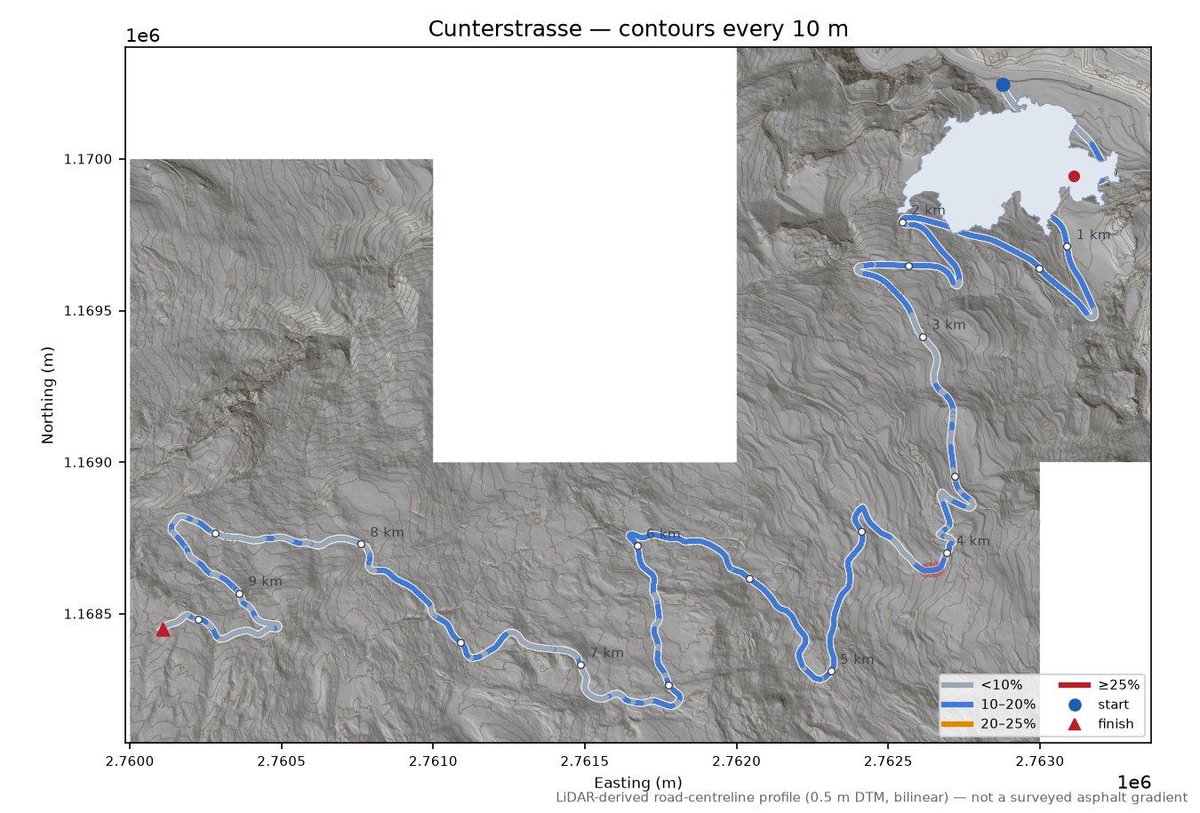 Cunterstrasse LiDAR hillshade map with contours