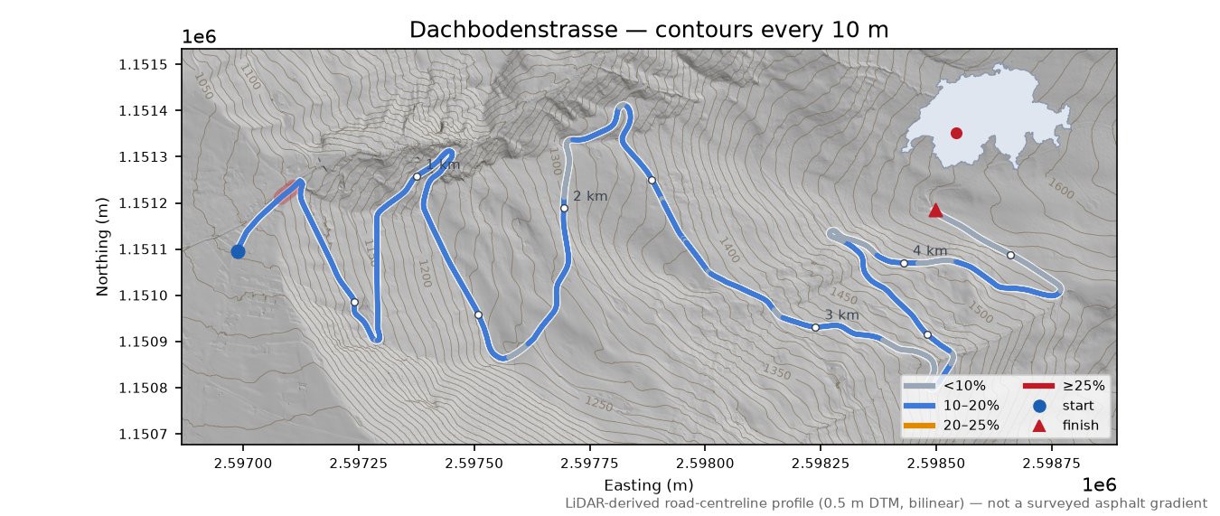 Dachbodenstrasse LiDAR hillshade map with contours