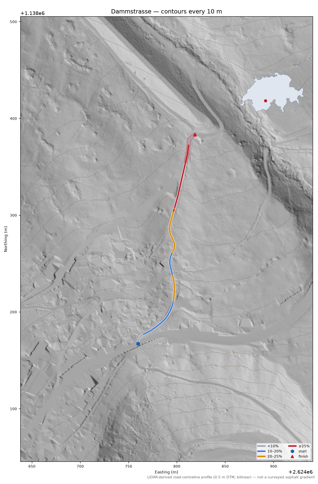 Dammstrasse LiDAR hillshade map with contours
