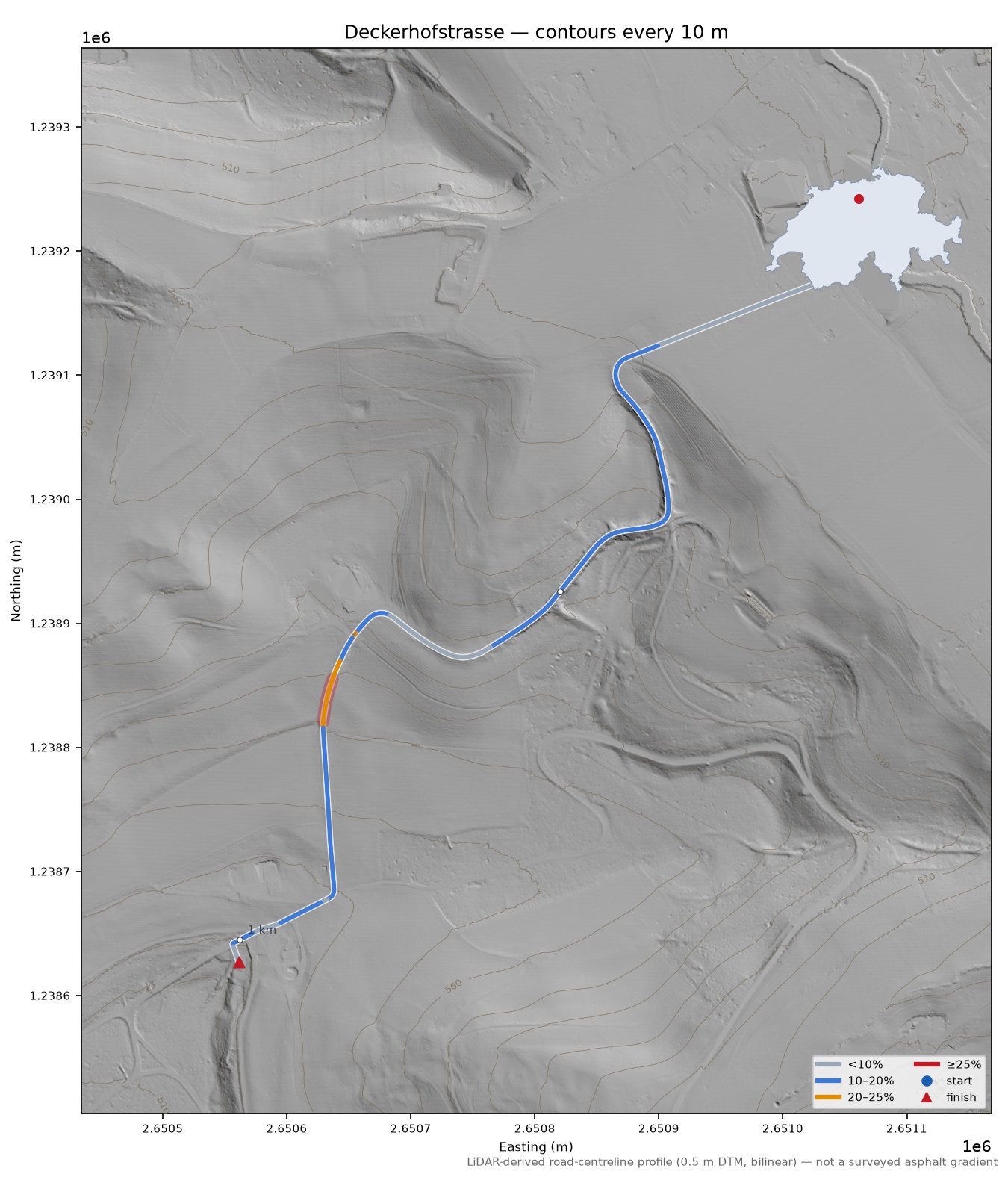 Deckerhofstrasse LiDAR hillshade map with contours