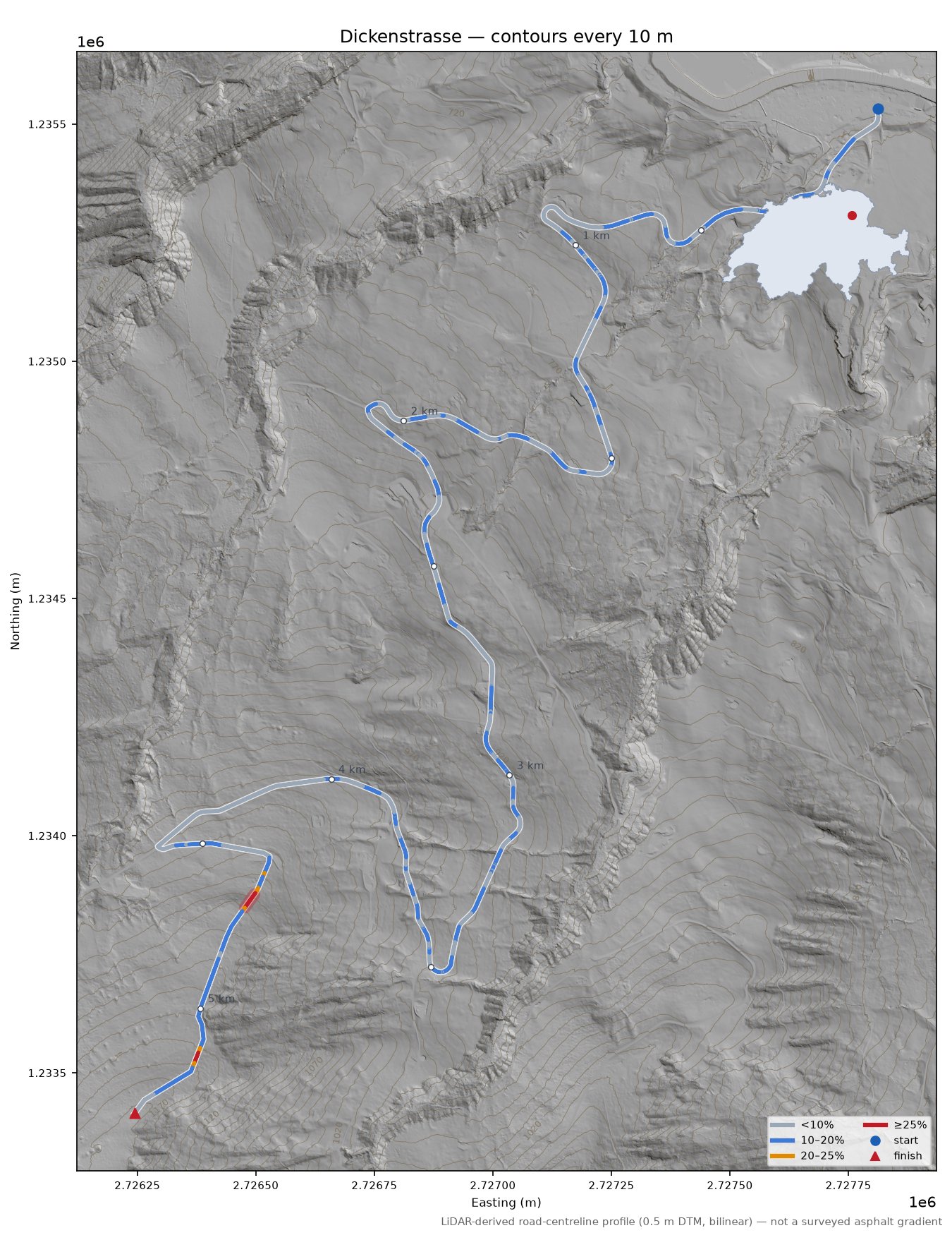 Dickenstrasse LiDAR hillshade map with contours