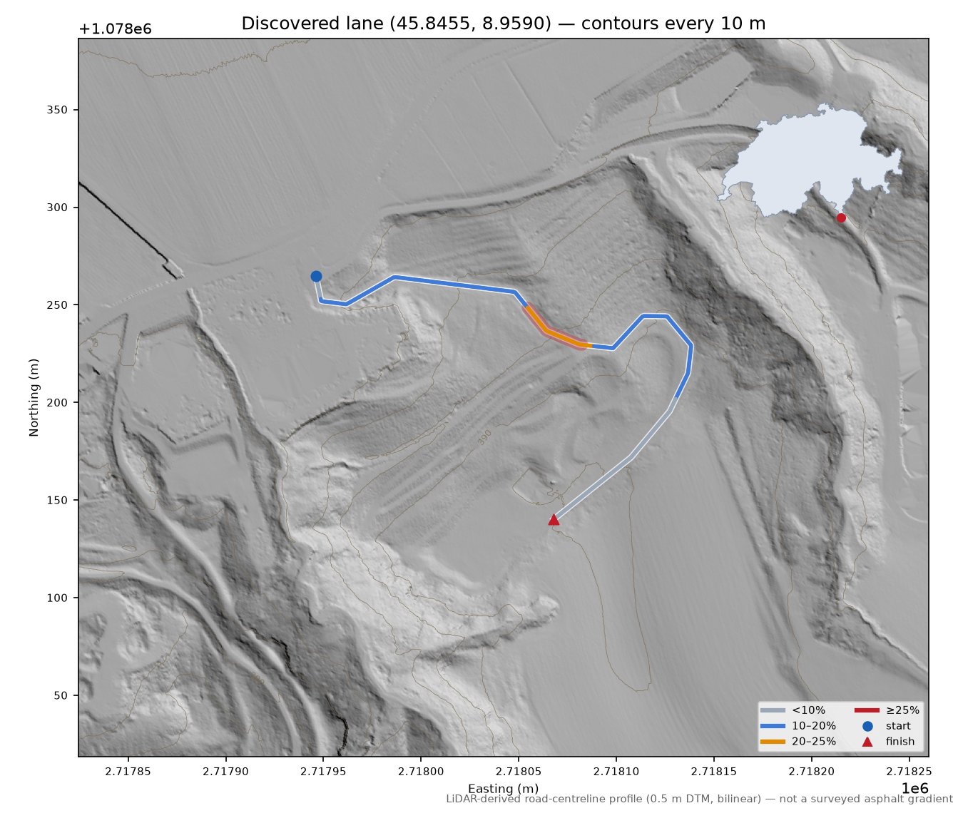 Discovered lane (45.8455, 8.9590) LiDAR hillshade map with contours