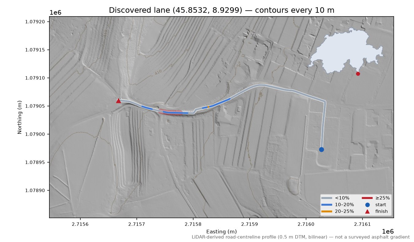 Discovered lane (45.8532, 8.9299) LiDAR hillshade map with contours