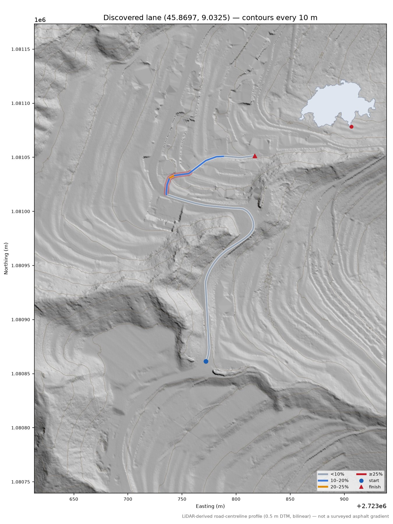 Discovered lane (45.8697, 9.0325) LiDAR hillshade map with contours