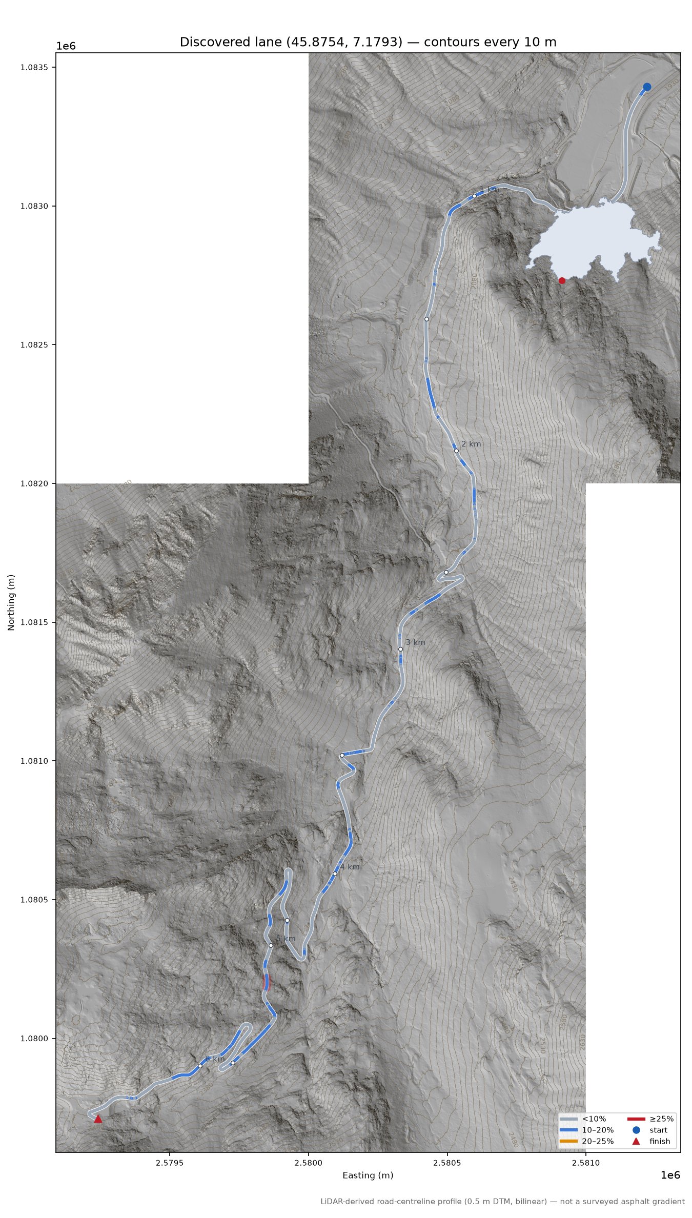 Discovered lane (45.8754, 7.1793) LiDAR hillshade map with contours