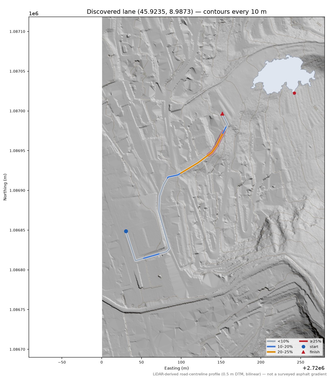 Discovered lane (45.9235, 8.9873) LiDAR hillshade map with contours