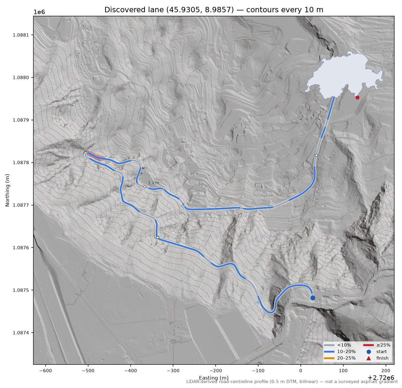 Discovered lane (45.9305, 8.9857) LiDAR hillshade map with contours