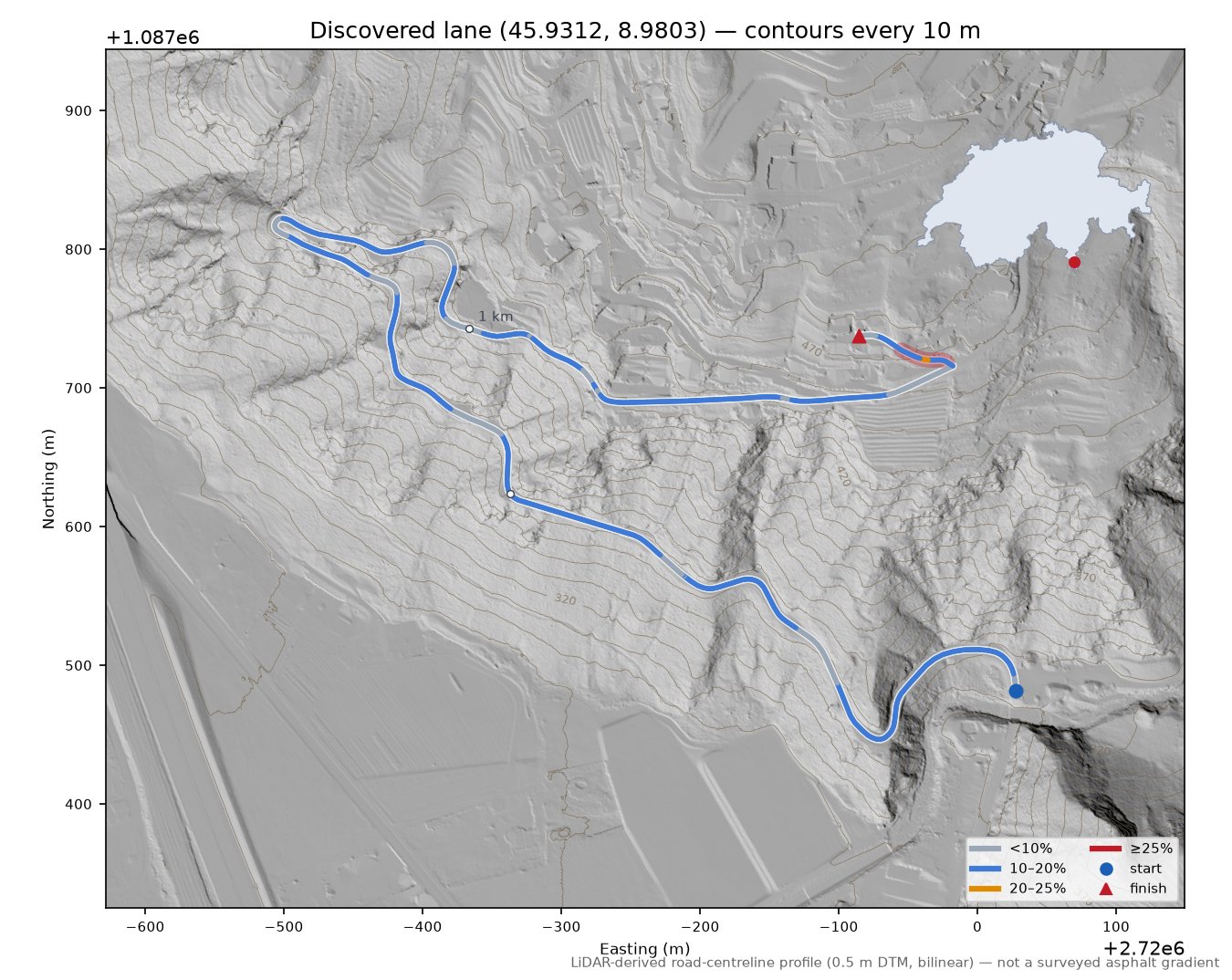 Discovered lane (45.9312, 8.9803) LiDAR hillshade map with contours