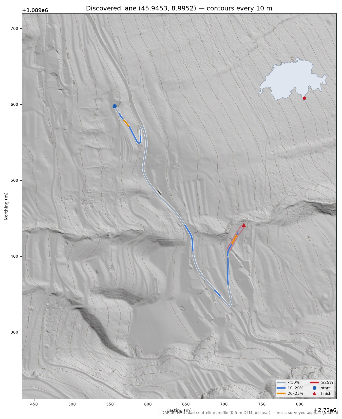 Discovered lane (45.9453, 8.9952) LiDAR hillshade map with contours