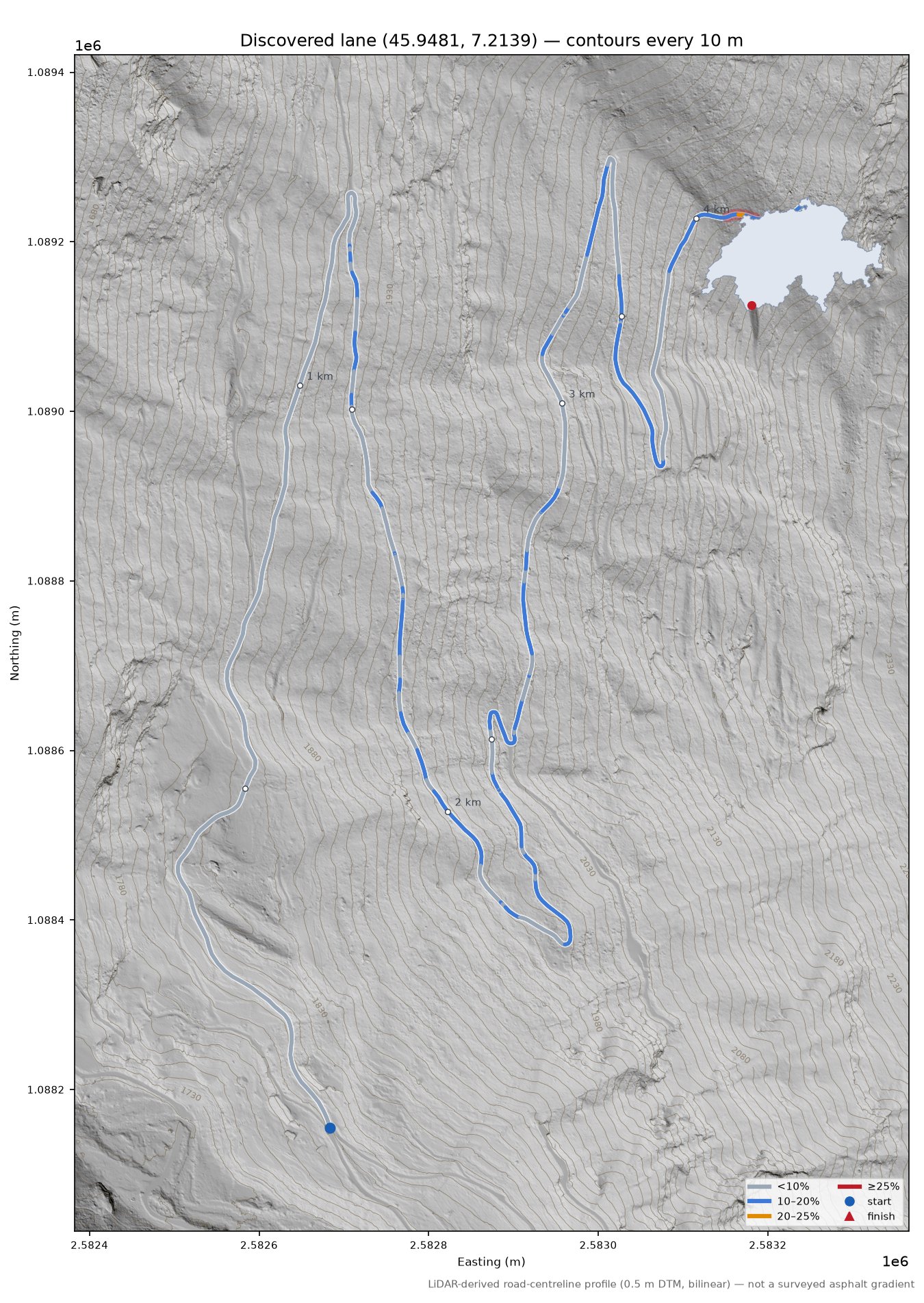 Discovered lane (45.9481, 7.2139) LiDAR hillshade map with contours