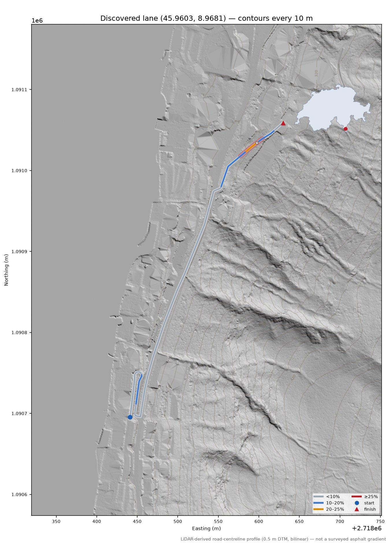 Discovered lane (45.9603, 8.9681) LiDAR hillshade map with contours