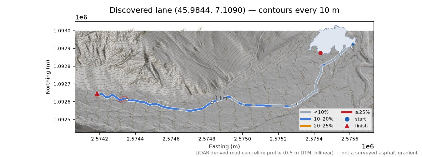 Discovered lane (45.9844, 7.1090) LiDAR hillshade map with contours