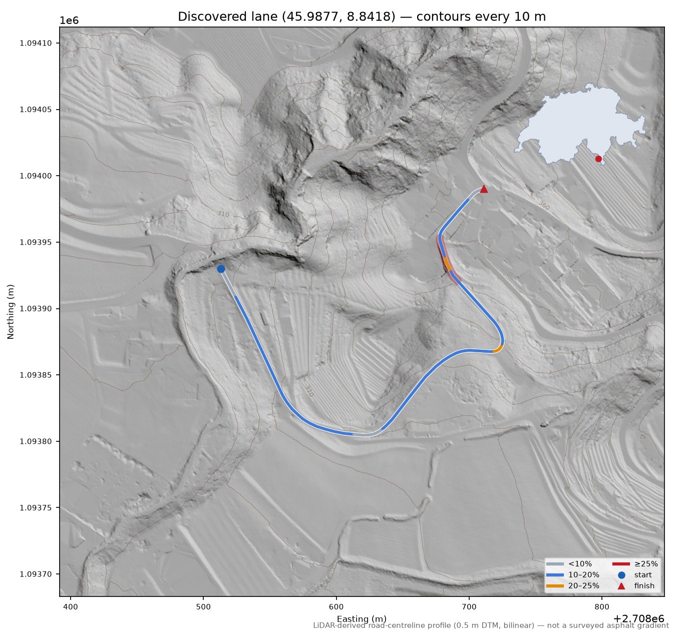 Discovered lane (45.9877, 8.8418) LiDAR hillshade map with contours
