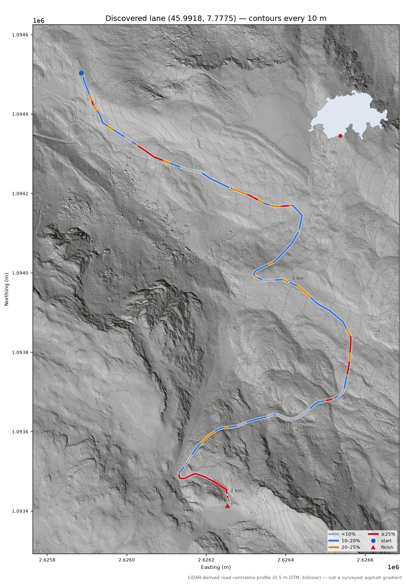 Discovered lane (45.9918, 7.7775) LiDAR hillshade map with contours