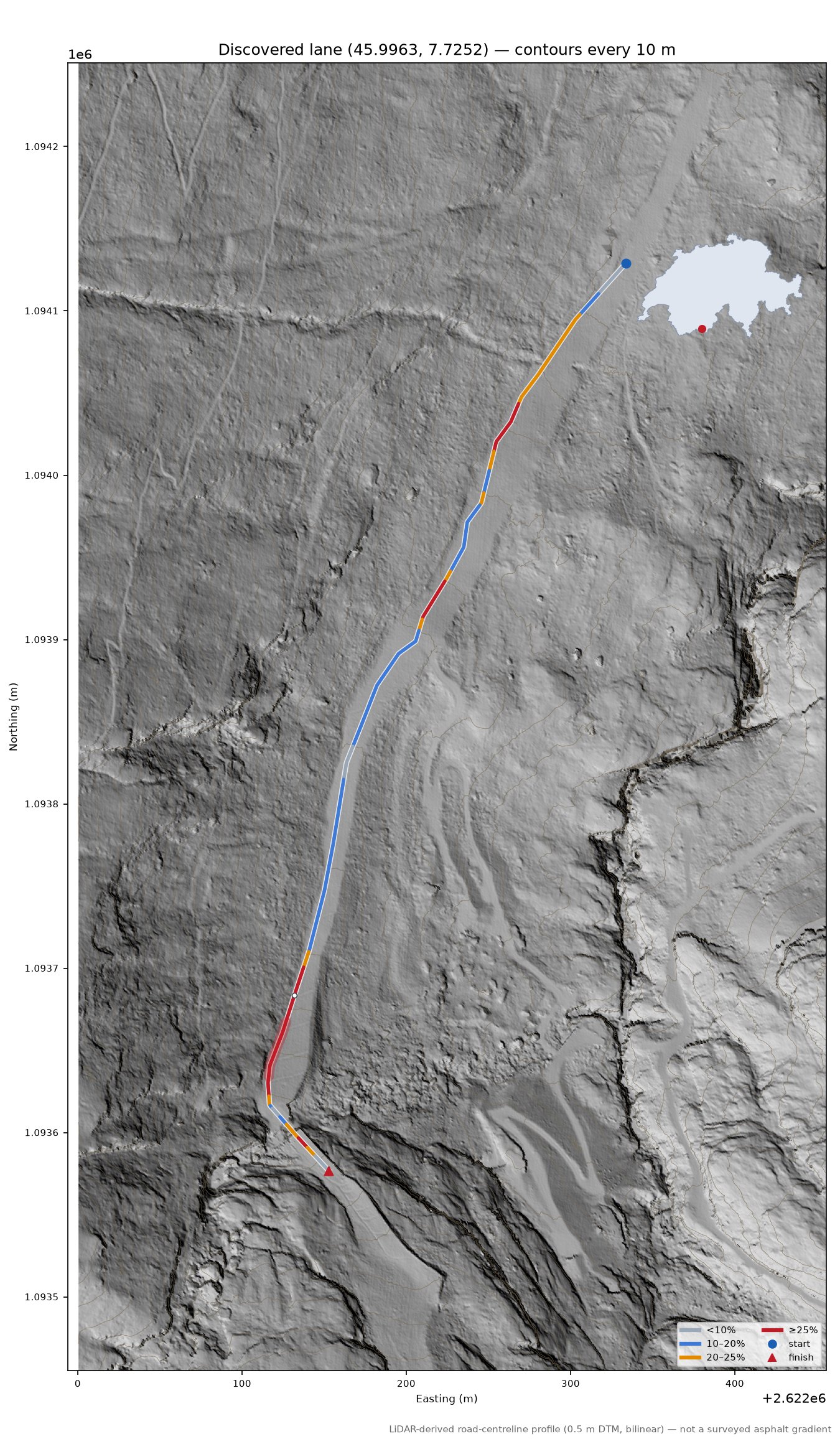 Discovered lane (45.9963, 7.7252) LiDAR hillshade map with contours