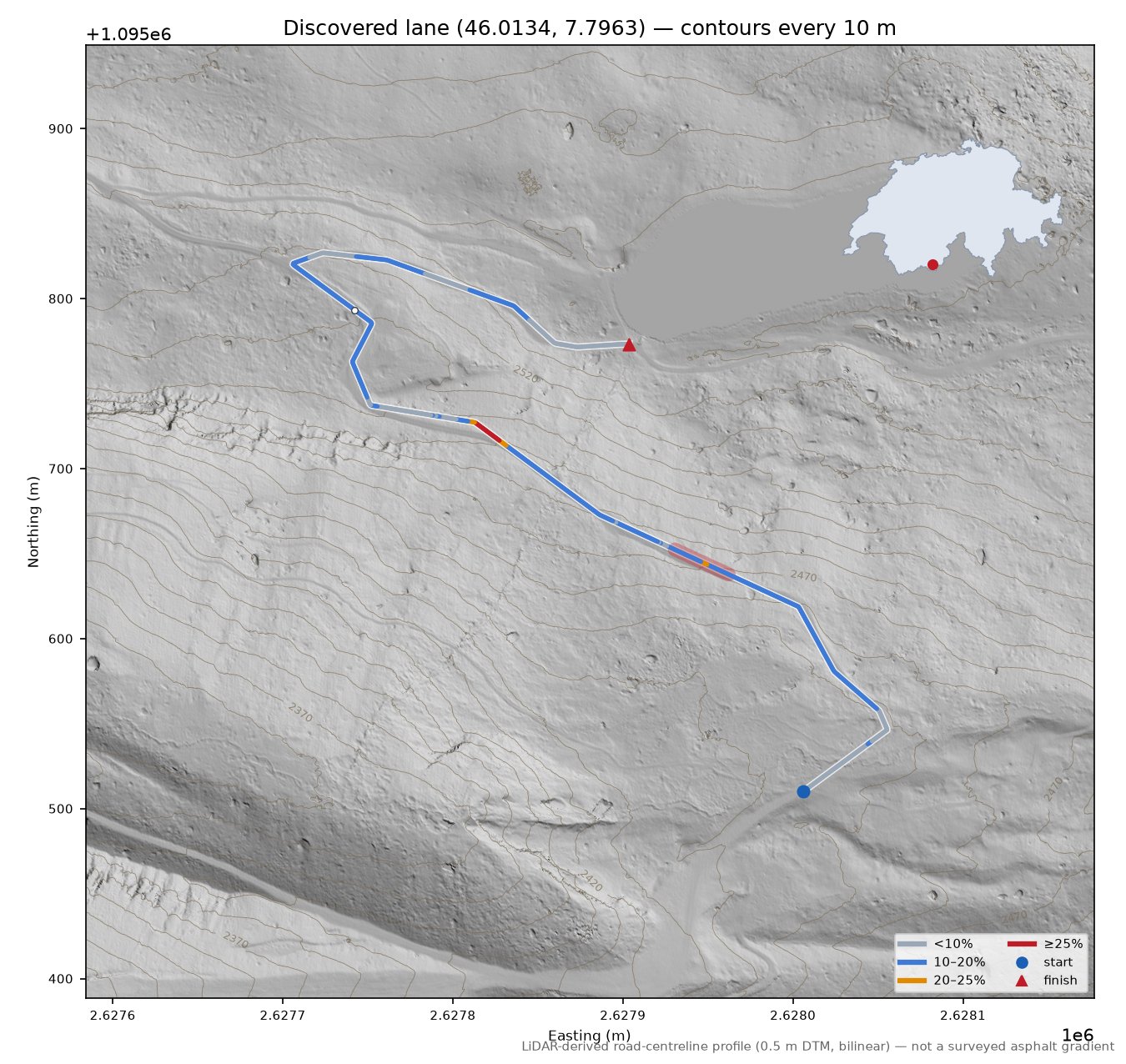 Discovered lane (46.0134, 7.7963) LiDAR hillshade map with contours