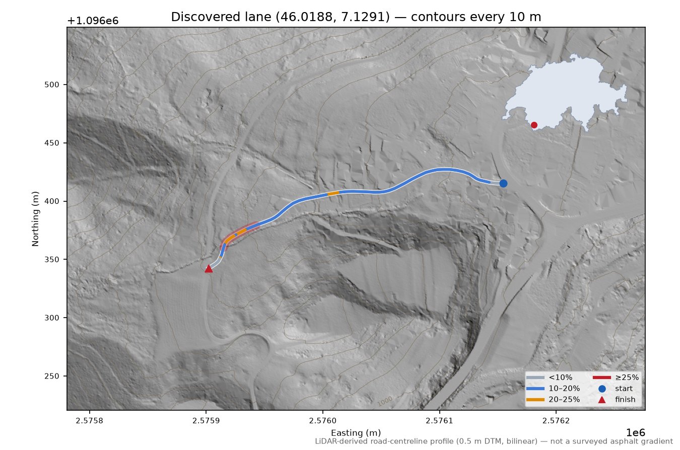 Discovered lane (46.0188, 7.1291) LiDAR hillshade map with contours