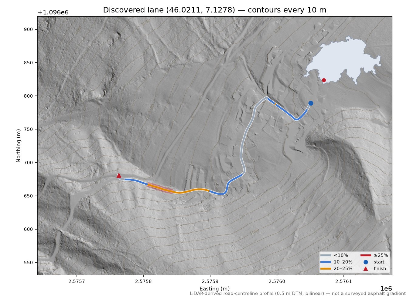 Discovered lane (46.0211, 7.1278) LiDAR hillshade map with contours