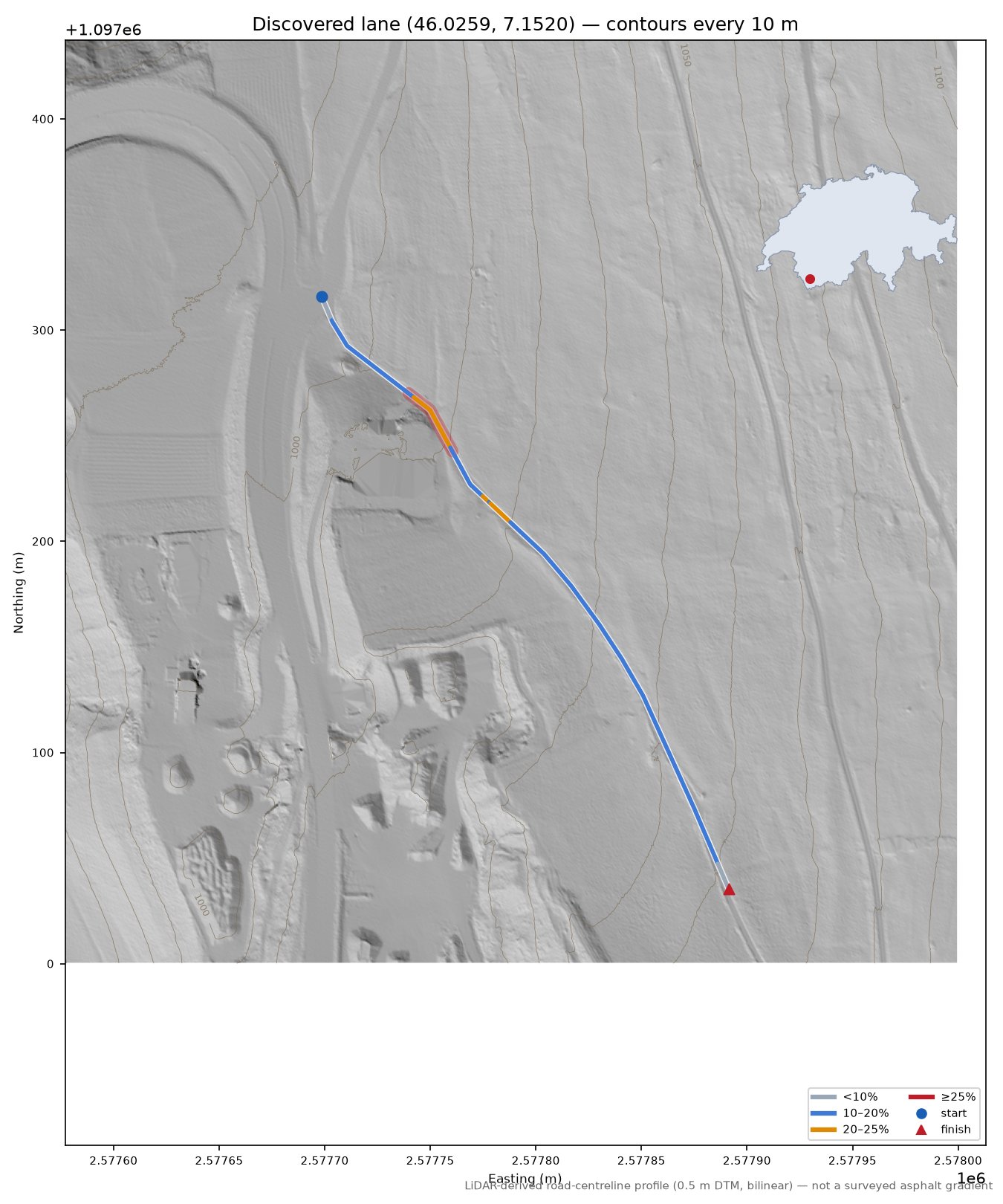 Discovered lane (46.0259, 7.1520) LiDAR hillshade map with contours