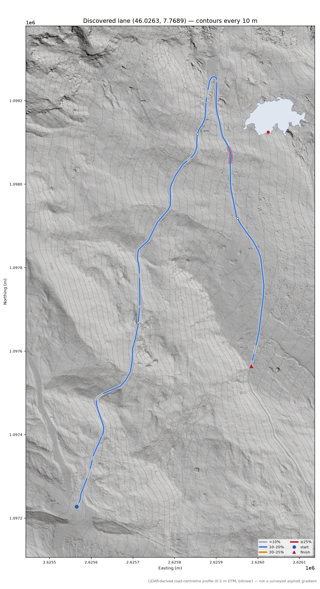Discovered lane (46.0263, 7.7689) LiDAR hillshade map with contours