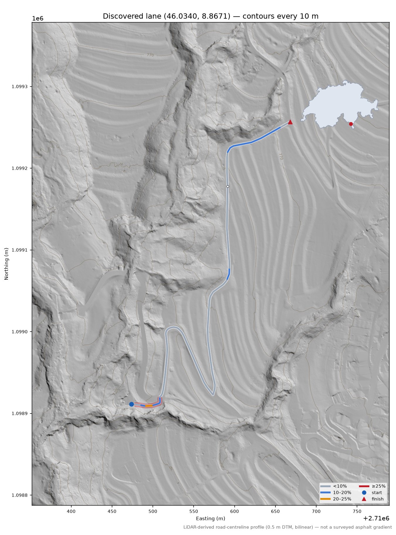 Discovered lane (46.0340, 8.8671) LiDAR hillshade map with contours