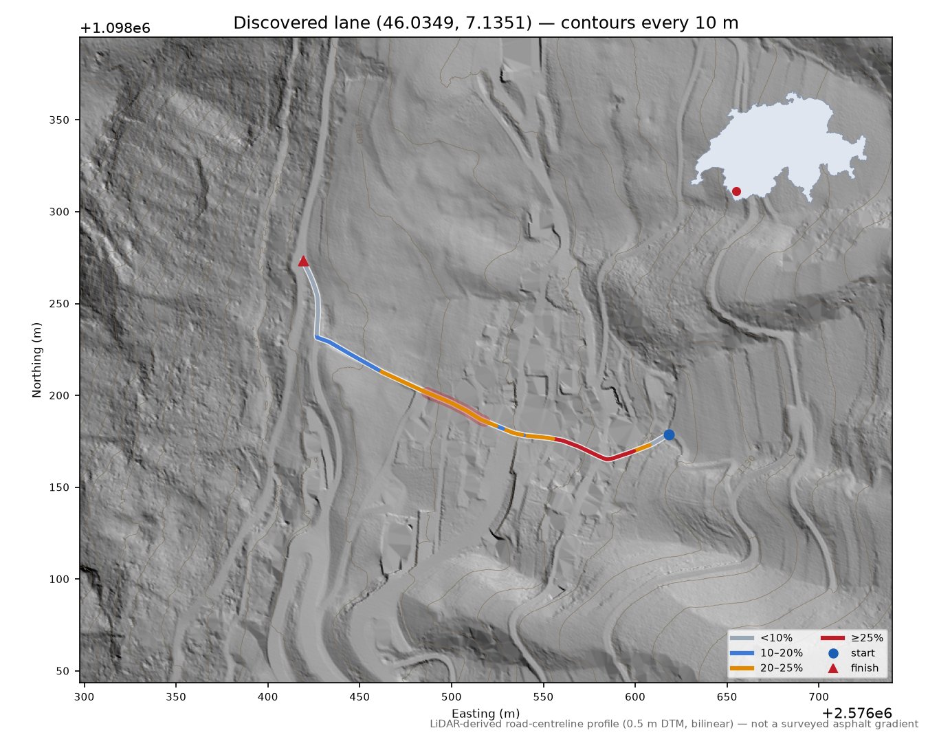 Discovered lane (46.0349, 7.1351) LiDAR hillshade map with contours