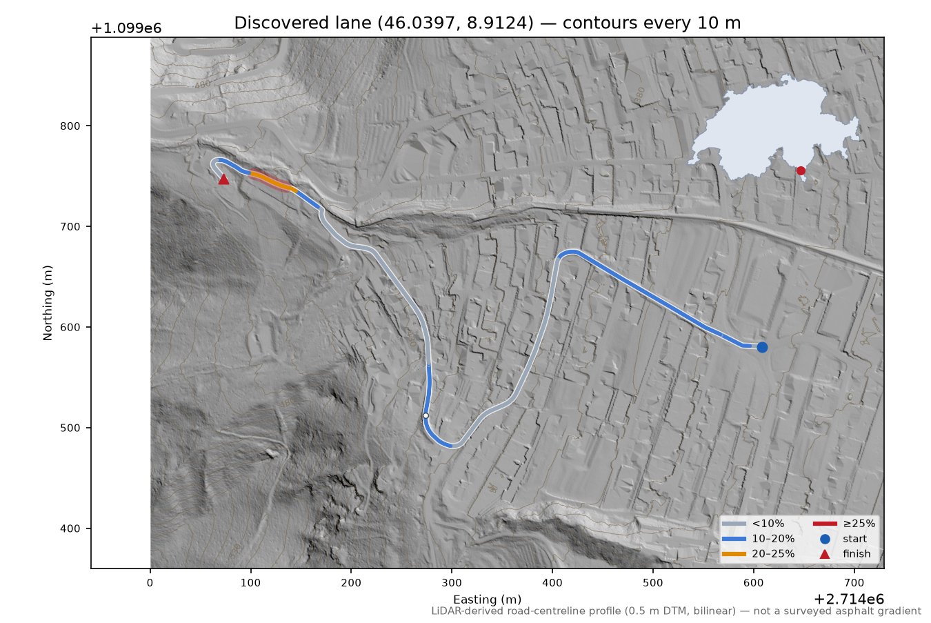 Discovered lane (46.0397, 8.9124) LiDAR hillshade map with contours