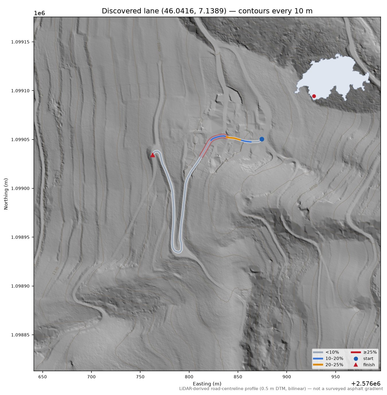 Discovered lane (46.0416, 7.1389) LiDAR hillshade map with contours