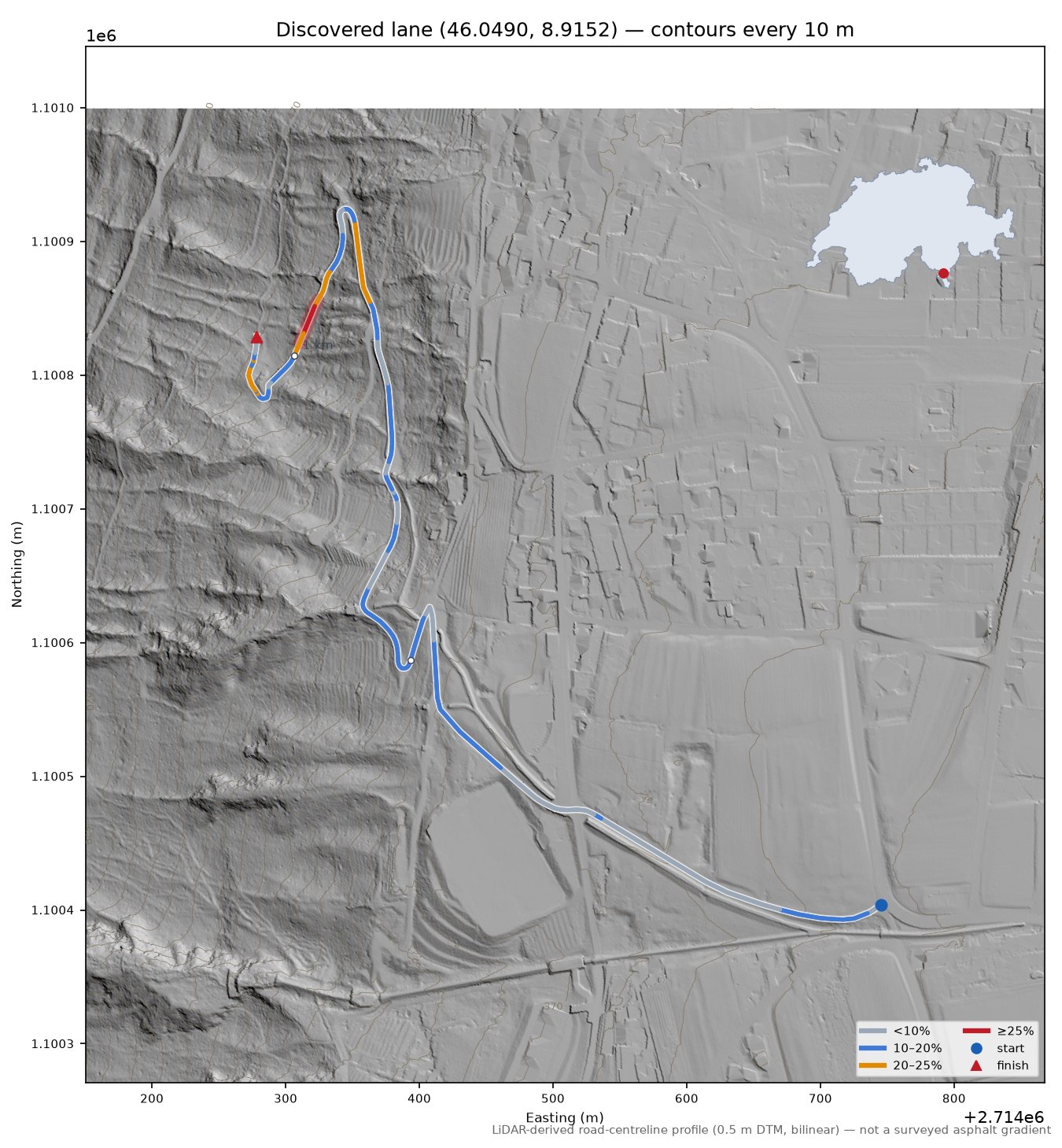 Discovered lane (46.0490, 8.9152) LiDAR hillshade map with contours