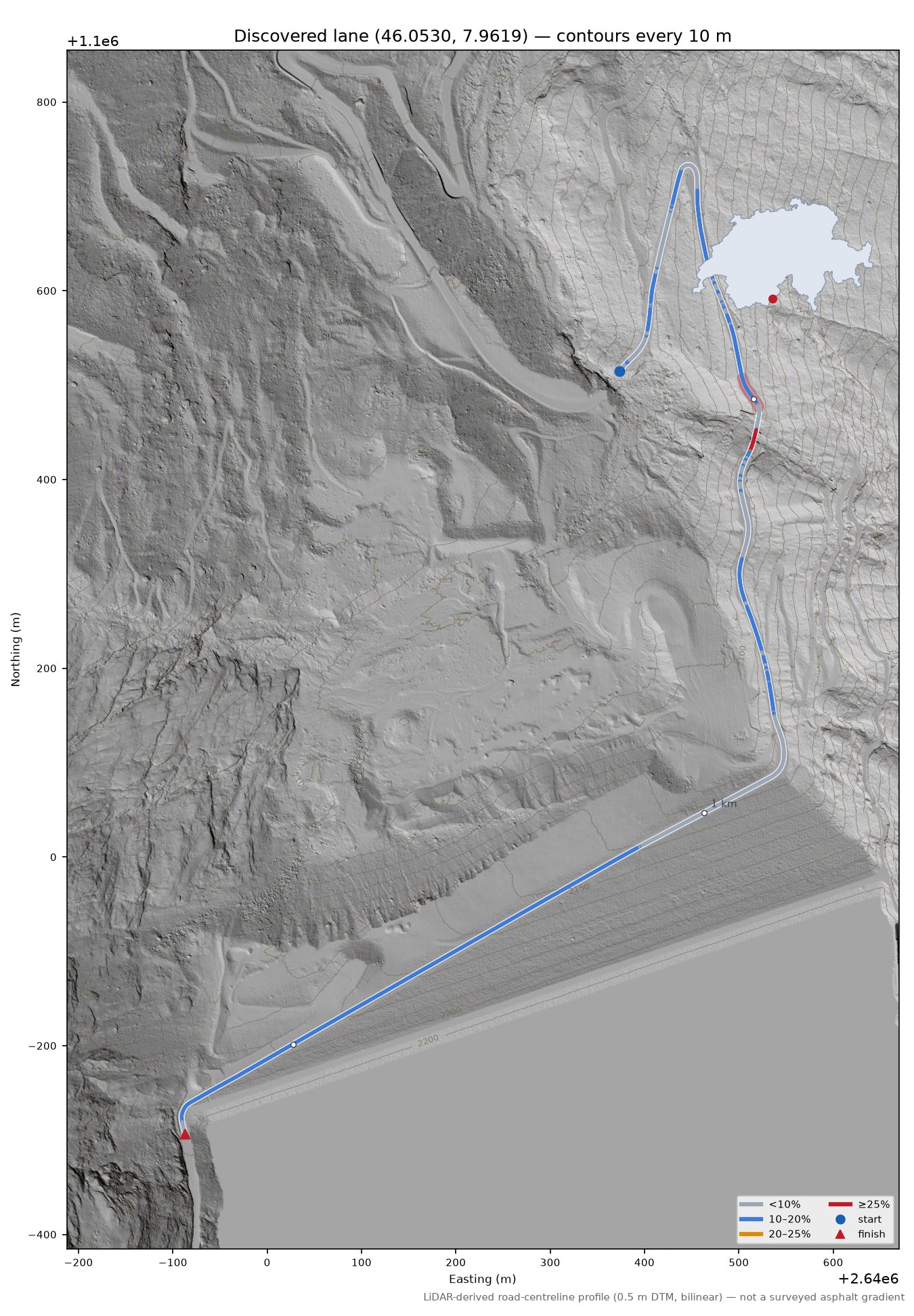 Discovered lane (46.0530, 7.9619) LiDAR hillshade map with contours