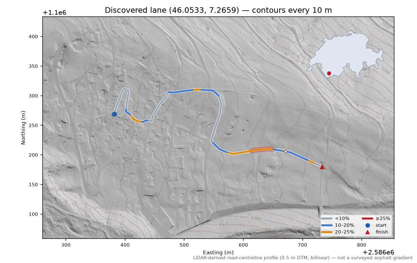 Discovered lane (46.0533, 7.2659) LiDAR hillshade map with contours