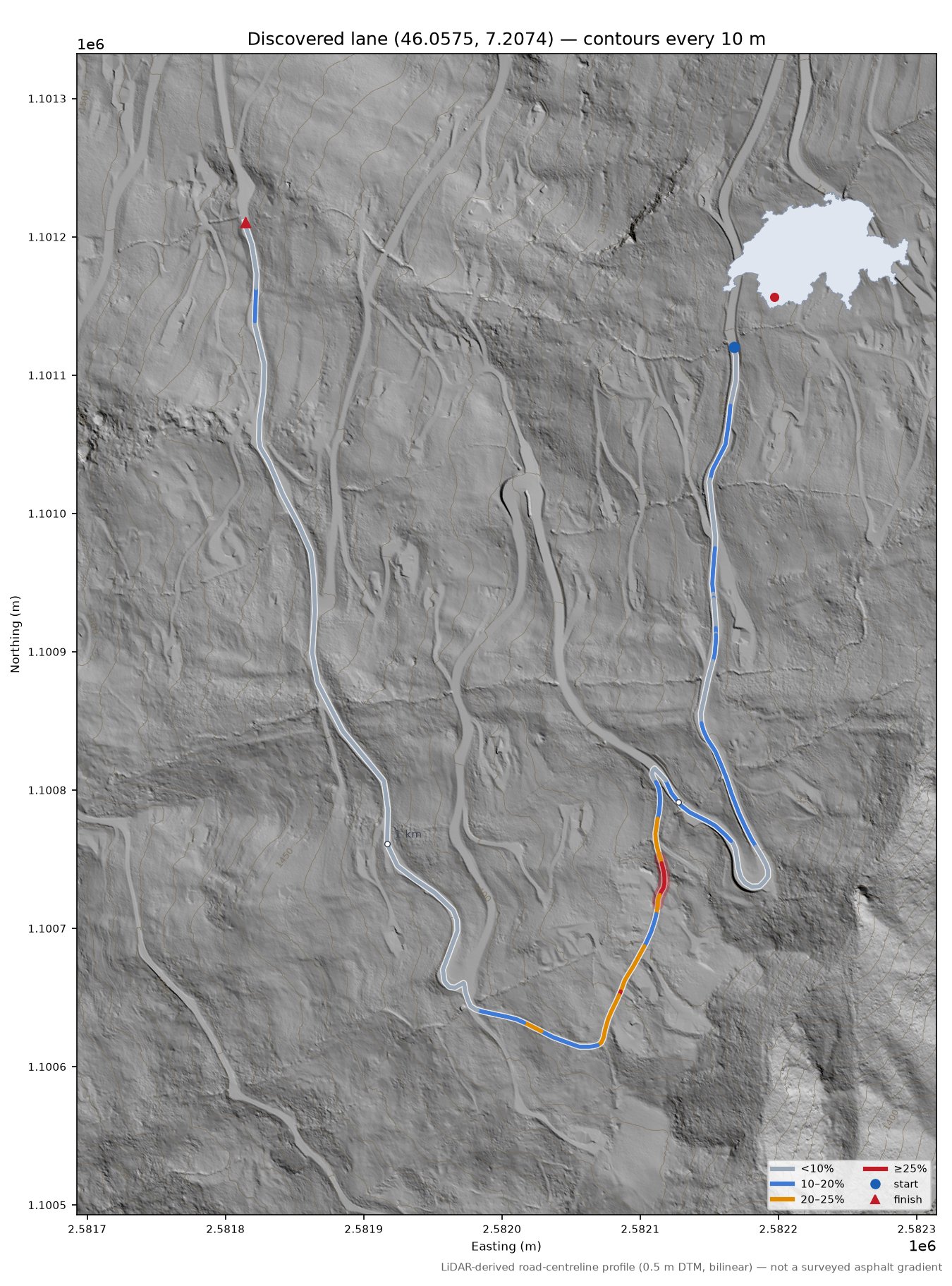 Discovered lane (46.0575, 7.2074) LiDAR hillshade map with contours