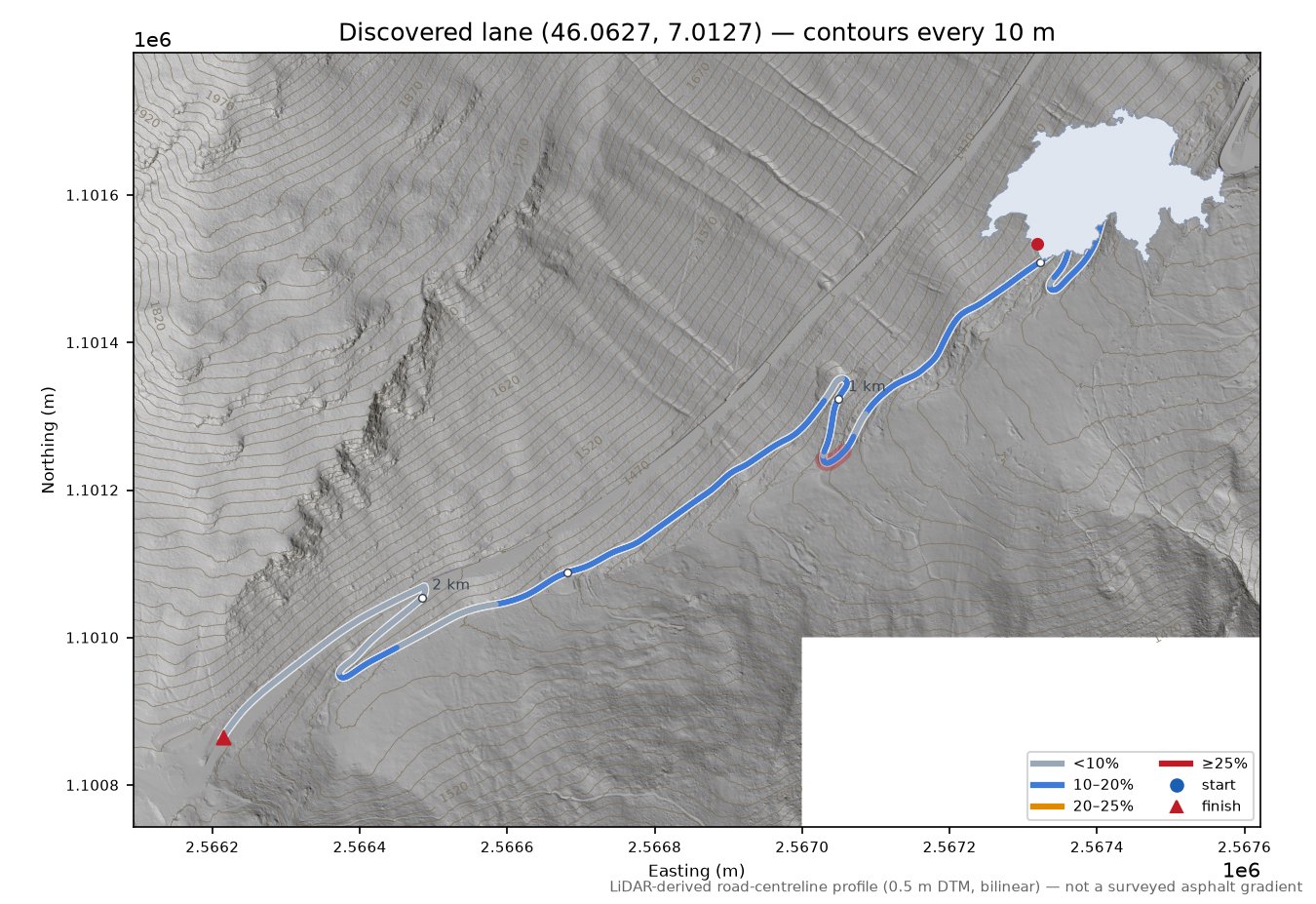 Discovered lane (46.0627, 7.0127) LiDAR hillshade map with contours