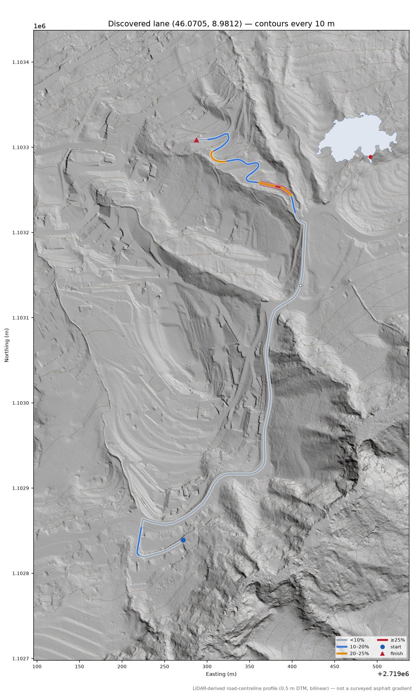 Discovered lane (46.0705, 8.9812) LiDAR hillshade map with contours
