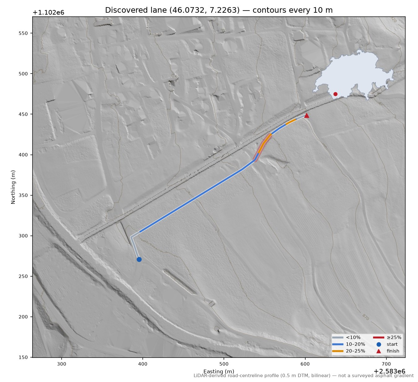 Discovered lane (46.0732, 7.2263) LiDAR hillshade map with contours